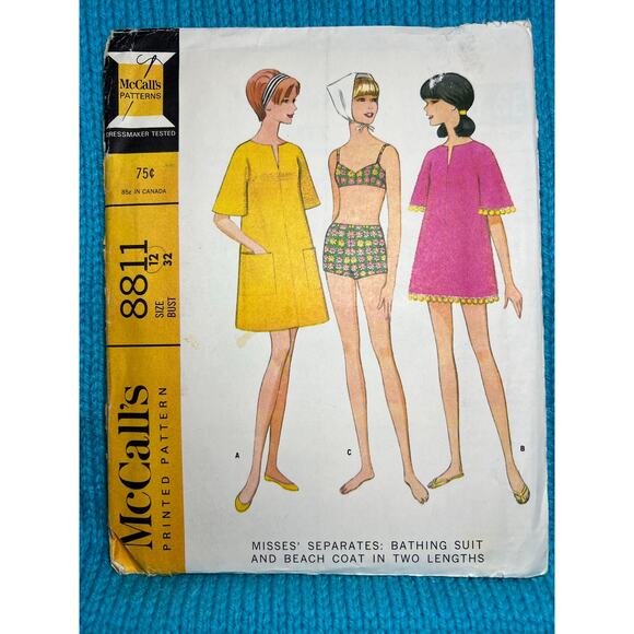 McCalls 8811 Sewing pattern bikini swimming suit beach coverup 1960s size 12 - Picture 1 of 7